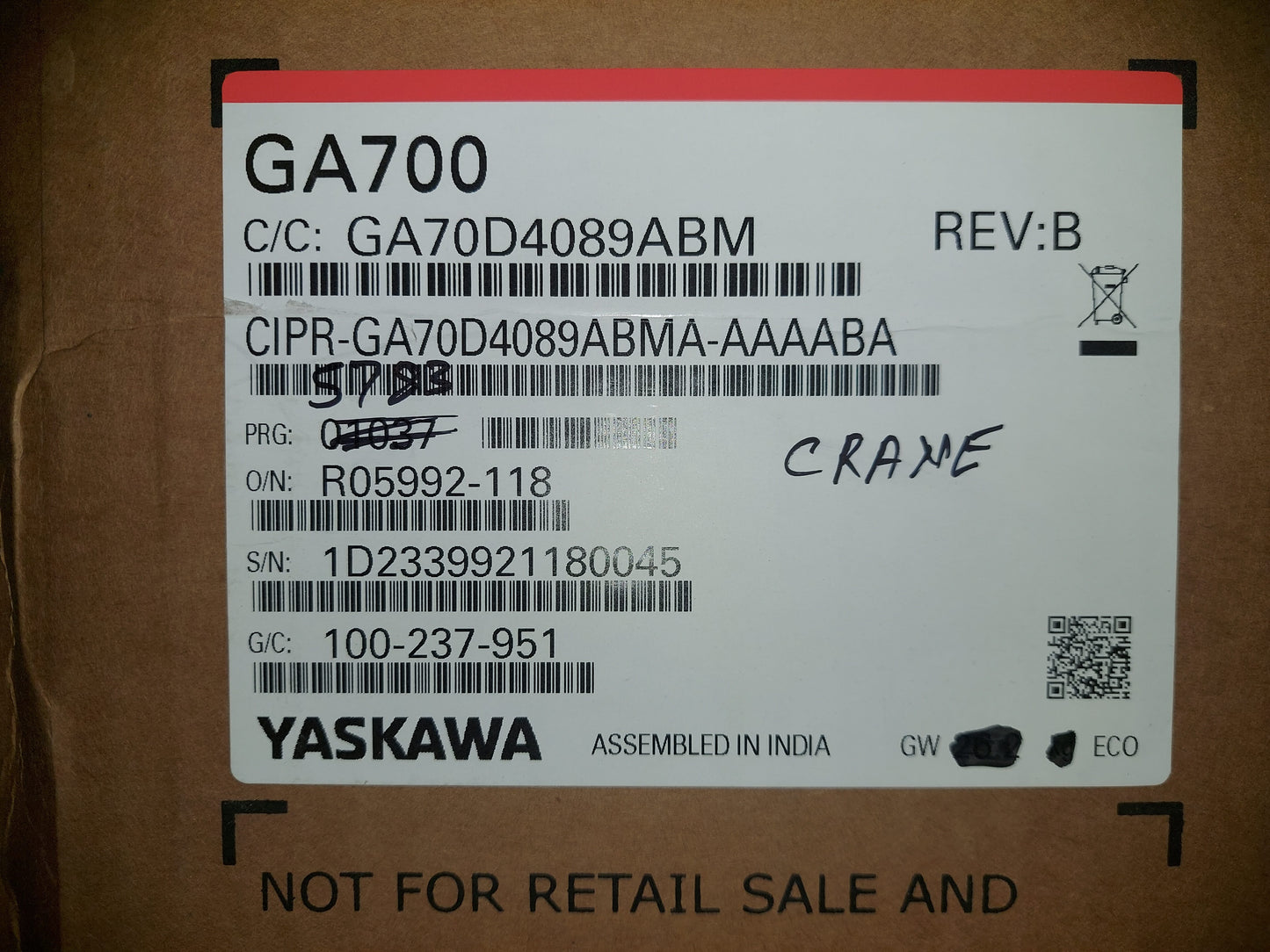 YASKAWA AC DRIVE GA700 CIPR-GA70D4089ABMA-AAAABA